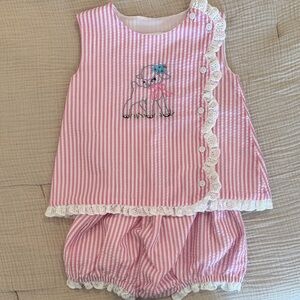 Pink seersucker 3T Matching Set with lamb Embroidery and eyelet trim